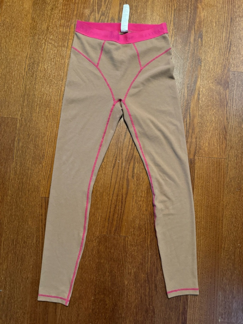 Fabletics Tan Leggings with Pink Trim